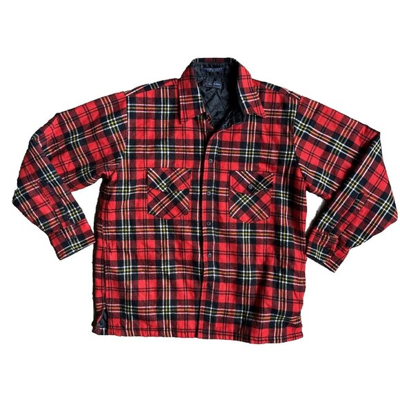 Vtg Van Heusen Flannel Jacket Mens L Plaid Shirt Red Black Quilted Grunge Preppy - Picture 1 of 9